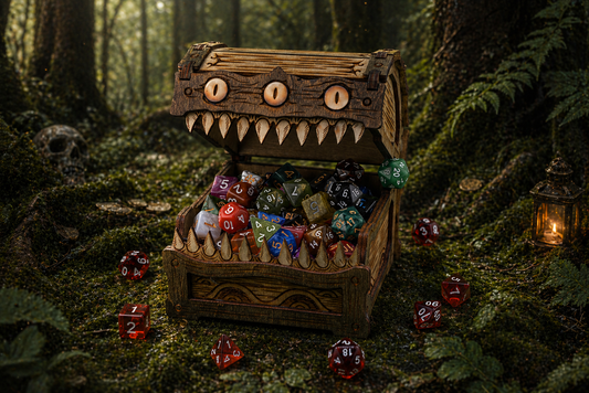 Wooden chest with monster face, filled with dice, surrounded by dice on a forest floor with lantern light.