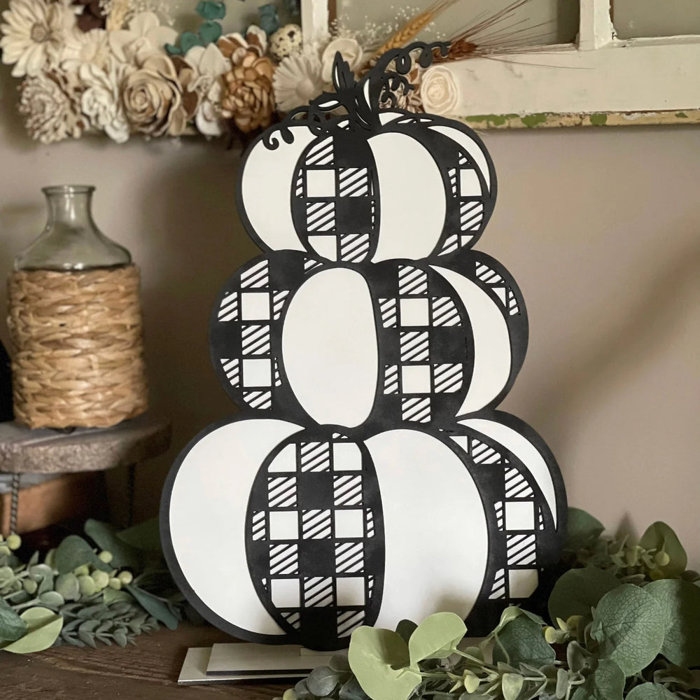 Buffalo Plaid Stacked Pumpkins Shelf Sitter