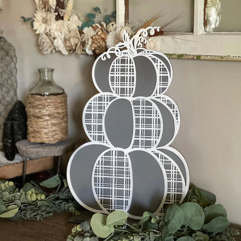 Buffalo Plaid Stacked Pumpkins Shelf Sitter