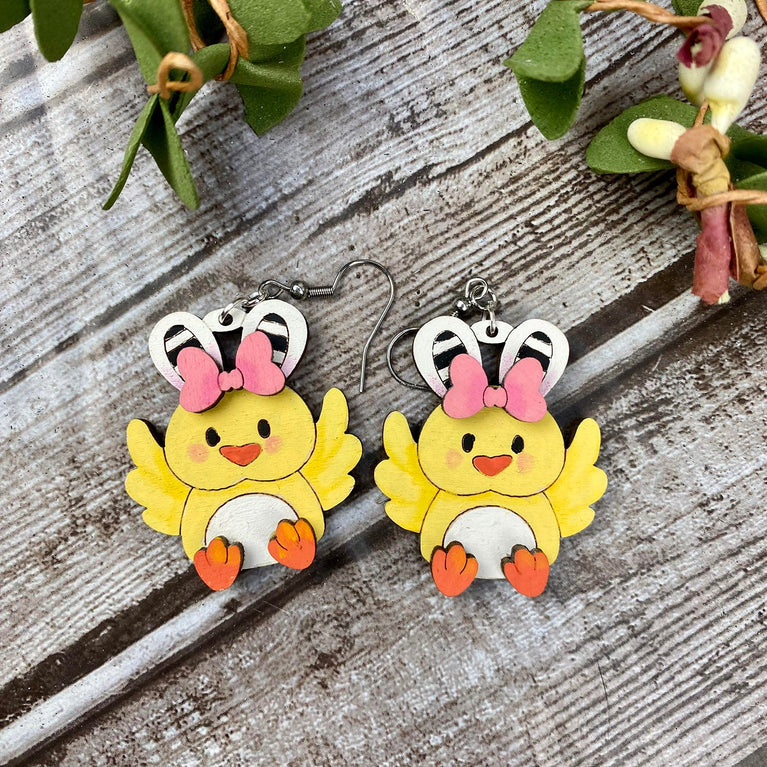 Chick with Bunny Ears Dangle Earrings